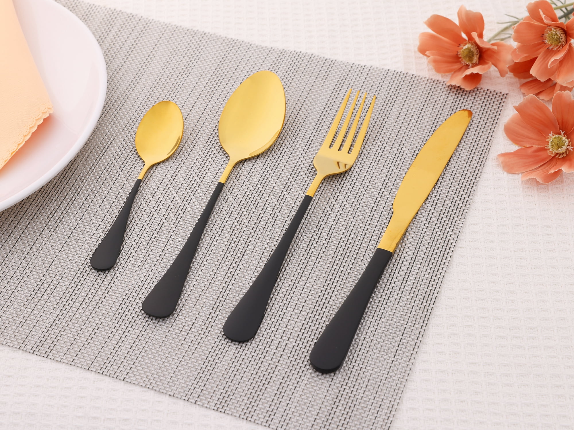 Unique Bargains Flatware Set Stainless Steel Silverware Black 4 Pcs