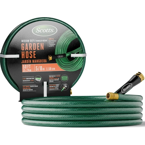 Scotts 50 ft. Garden Hose – 5/8 in. Diameter, 300 PSI, 4-Ply, Easy-Coil, Crush-Resistant Couplings