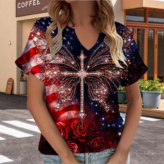 HCYSFG Womens 4th of July V Neck Top oversized Short Sleeve 250th Anniversary Religious Cross Graphic Shirt Independence Day Tee