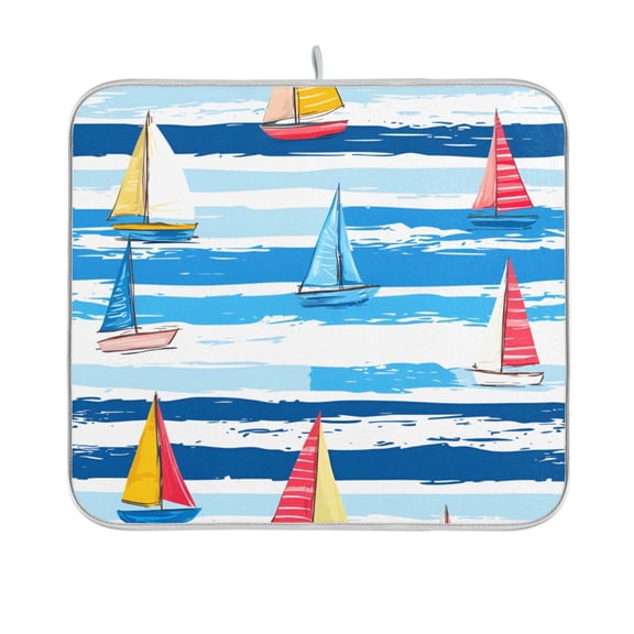 Yayeee Dish Drying Mat for Kitchen Counter 16"x18" Microfiber Absorbent Pad, Yellow Sailboats