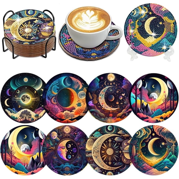 Set of 8 Diamond Painting Coasters Kits for Adults, Moon Diamond Coaster Art Kits for Beginners, Adults Stress-reducing Handicrafts Coasters with Holder