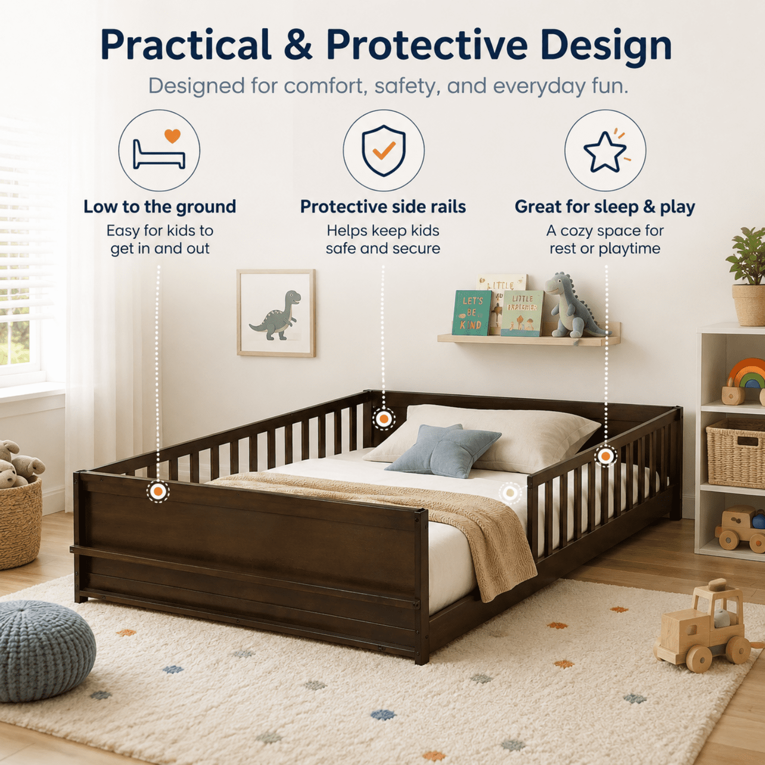 Miniyam Full Size Kids Floor Bed with Guardrails and Bookshelf, Wooden Low Profile Bed, Espresso