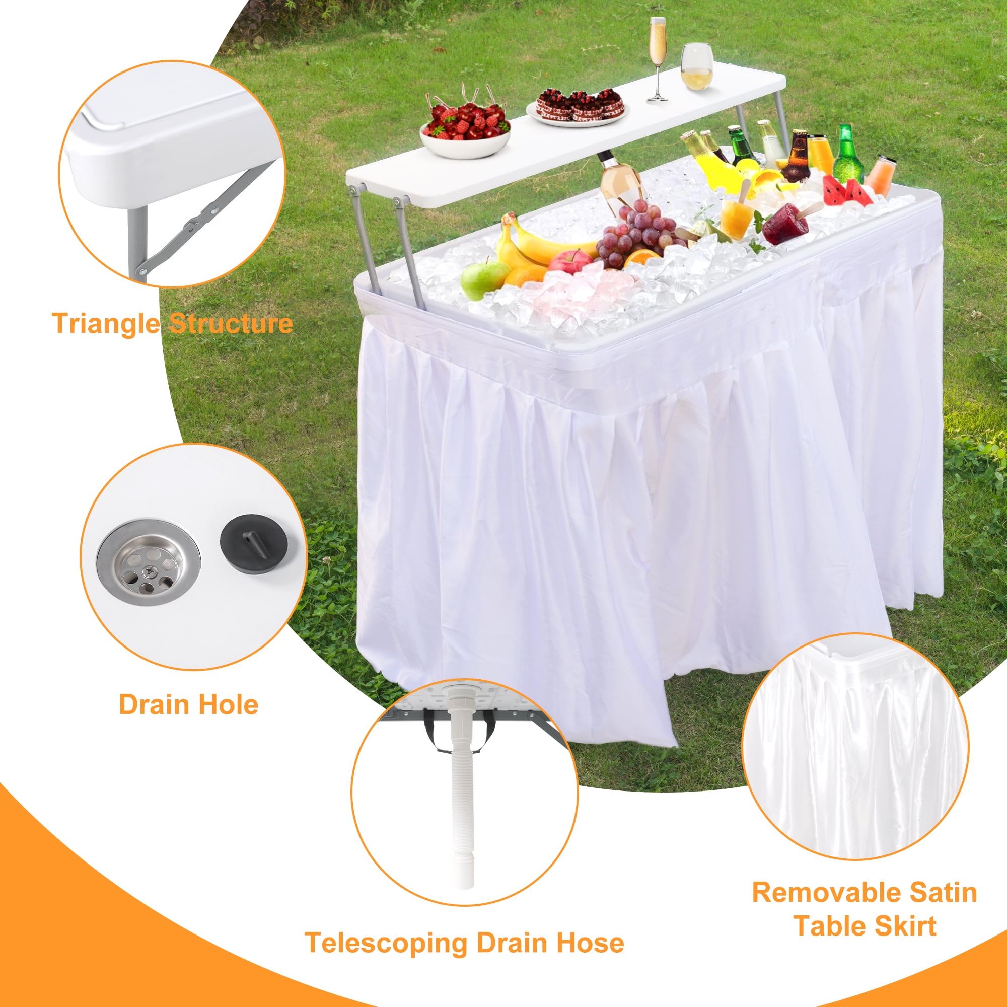 Garvee Folding Ice Cooler Table with Drain, 2-Tier Ice Table with Removable Skirt and Extra Storage Shelf, Foldable Outdoor Cooler Tables for Events, Parties, Wedding, Camping, BBQ
