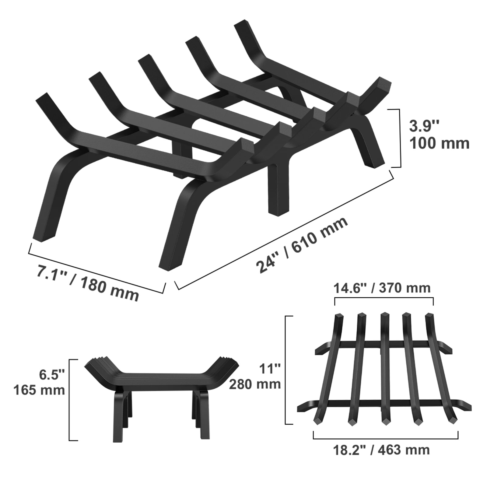 VEVOR 24 inch Fireplace Log Grate Powder-coated Steel wood Burning Rack Holder