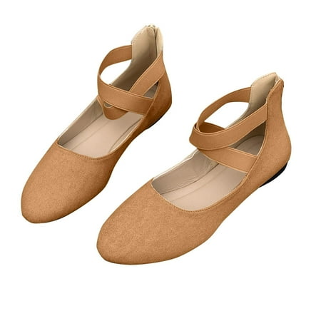 Xfvqtps Ladys Single Shoes Suede Surface Elastic Ankle Strap Soft Sole Pointy Toe Flats Bottom Ballet Rear Ankle Zipper Shoes New Large Size Shallow Mouth Elastic Flat Shoes Khaki