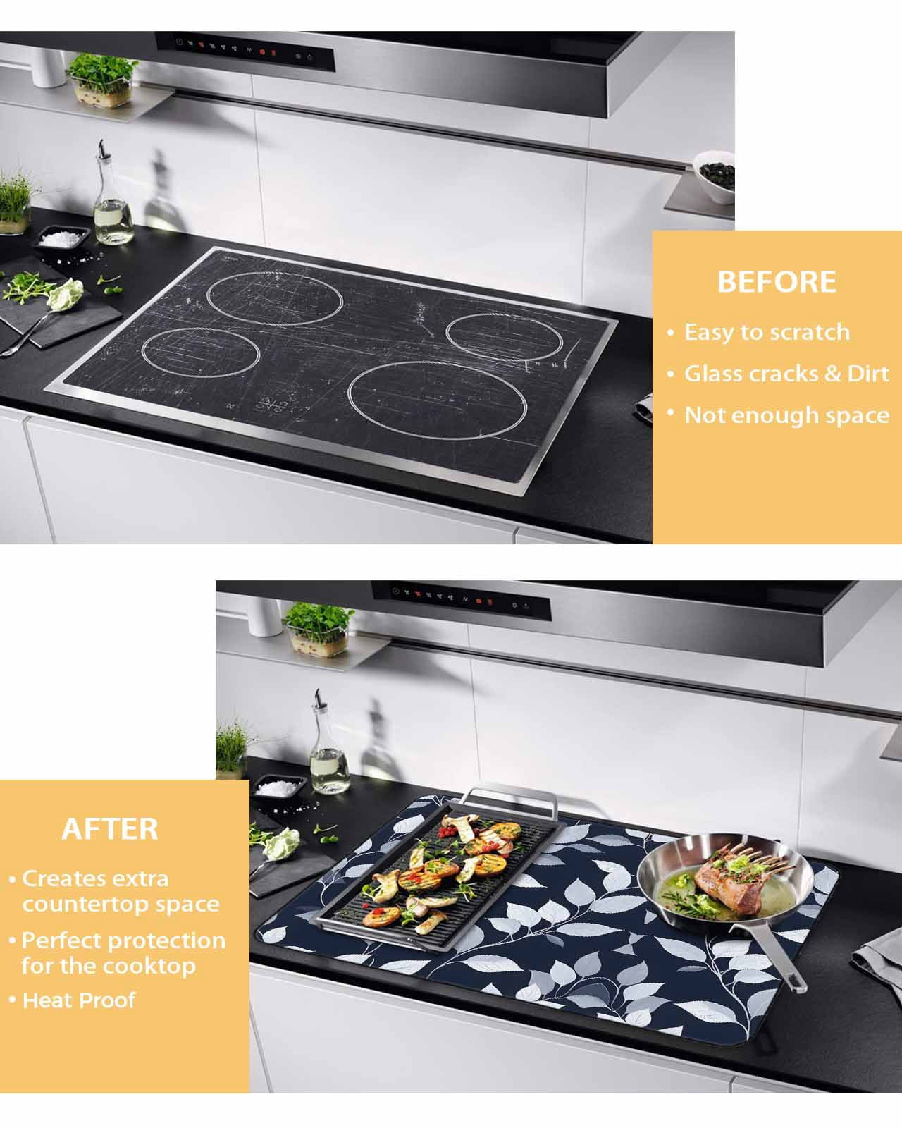 nqOlkjepod Large Induction Cooktop Protector Mat 36"x21", Blue White Eucalyptus Stove Top Covers for Electric Stove, Spring Summer Watercolor Leaf Stove Burner Cover Mats, Glass Top Stove Cover