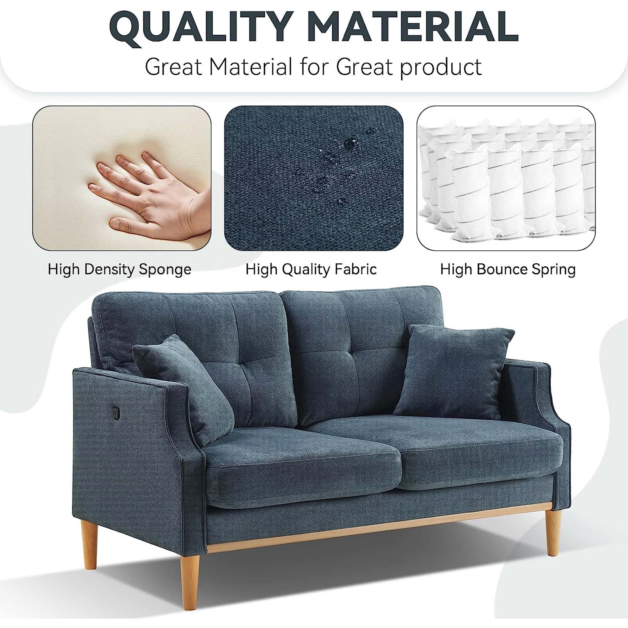 DEALTOPS Small Couch with 2 Pillows, 57'' Accent Loveseat Sofa, Comfy Blue Couch for Living Room, Bedroom