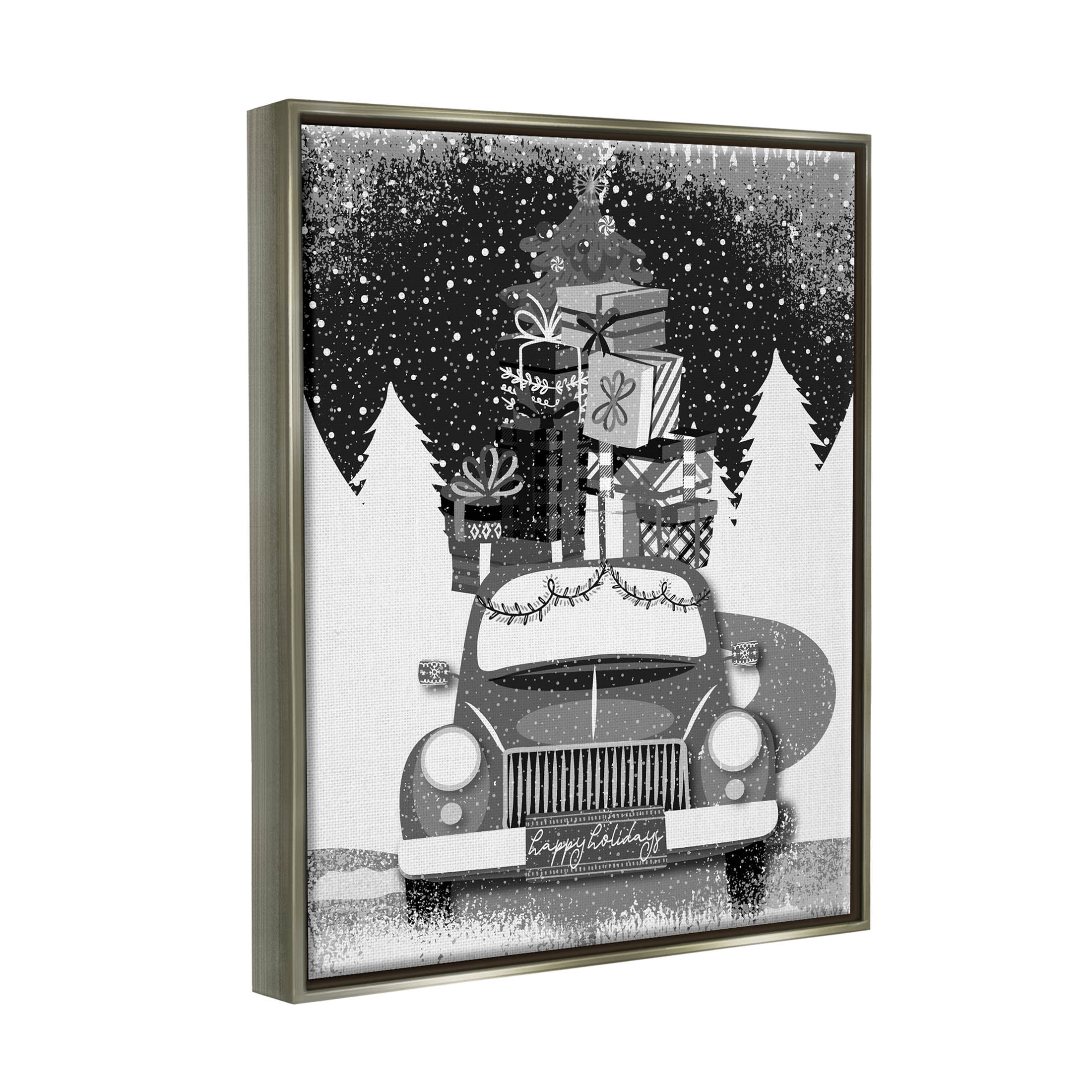 Stupell Industries Happy Holidays Gifts Car Graphic Art Luster Gray Floating Framed Canvas Print Wall Art, Design by Andrea Jasid Grassi
