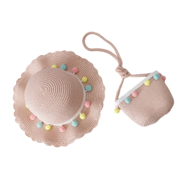 Sombrero de playa Minnieouse para Niñas y bolso de mano de paja rosa