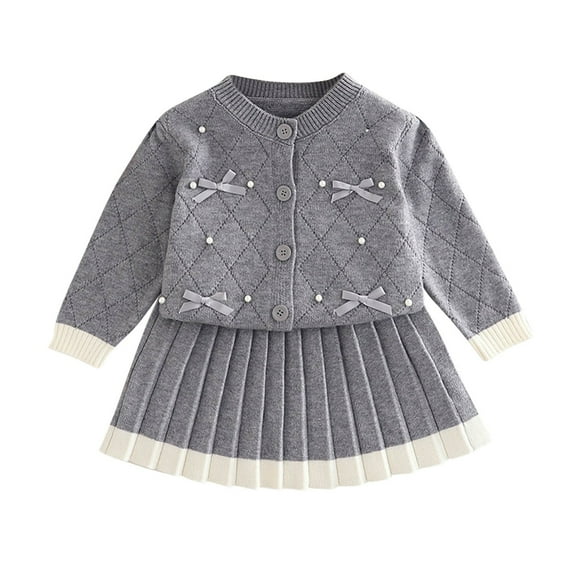 SuTry Girls Knit Cardigan Skirt Set Button Shirt Bow Solid Color Fall Winter Comfortable Fit 2 Piece Outfit for Kids 1-8 Years(Gray,6-7 Years)