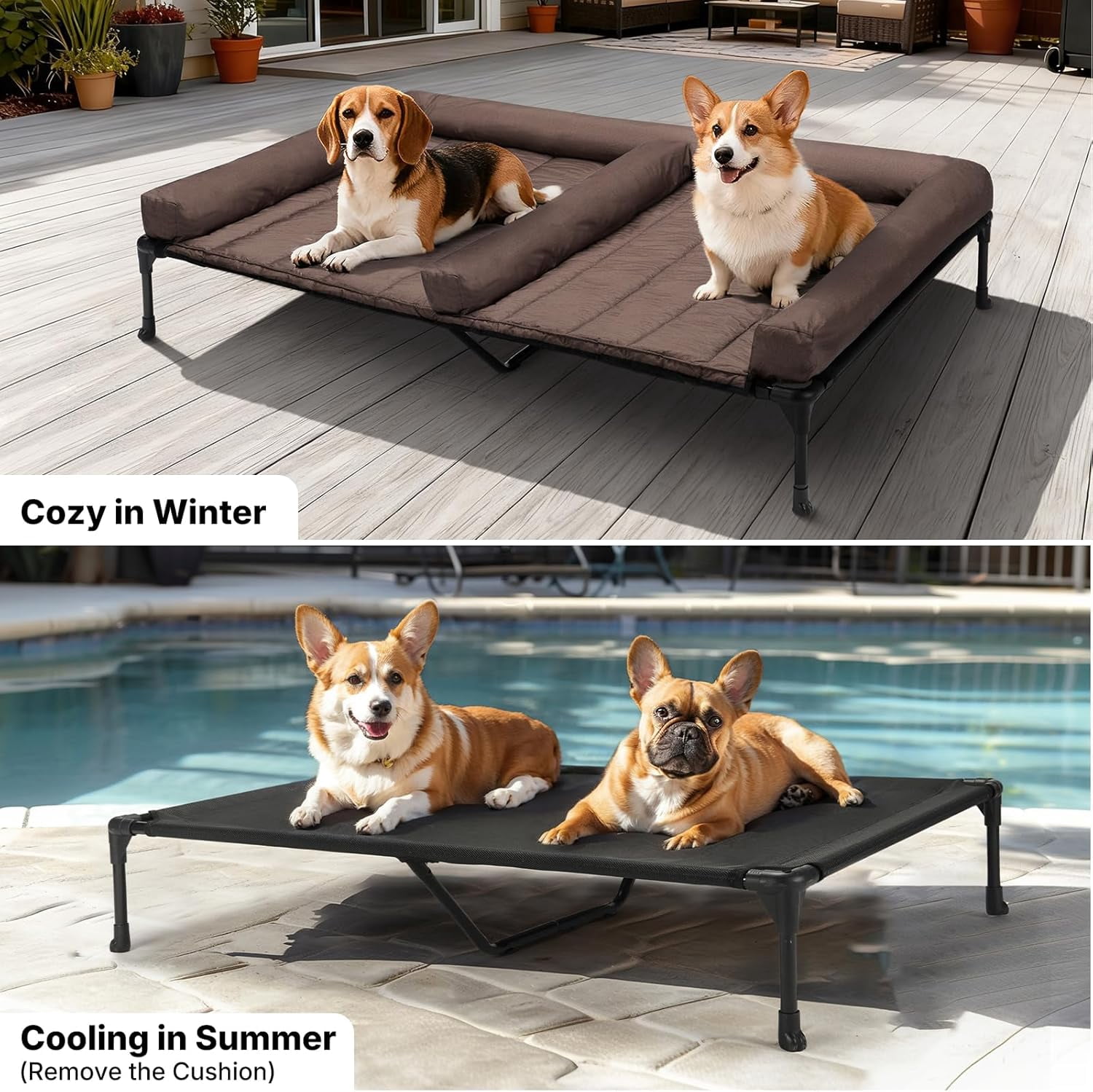Elevated Dog Bed for Two Dogs, Cooling Raised Dog Bed with Removable Waterproof Bolster Mat, 53" x 37.5" Double Dog Bed, Outdoor & Indoor Pet Cot with Breathable Mesh, Non-Slip Feet, Brown