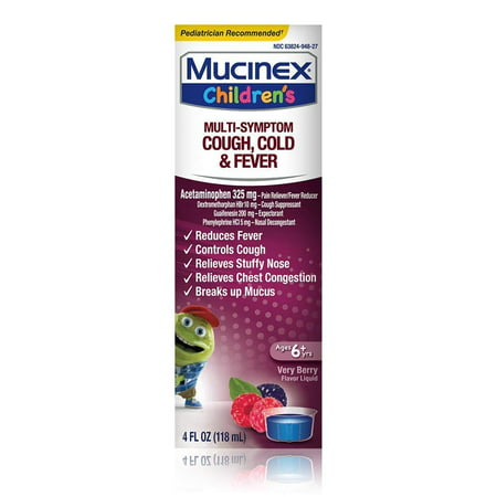 UPC 363824017648 product image for Mucinex Children's Multi-Symptom Cold and Fever Liquid, Berry Blast, 4 Ounce | upcitemdb.com