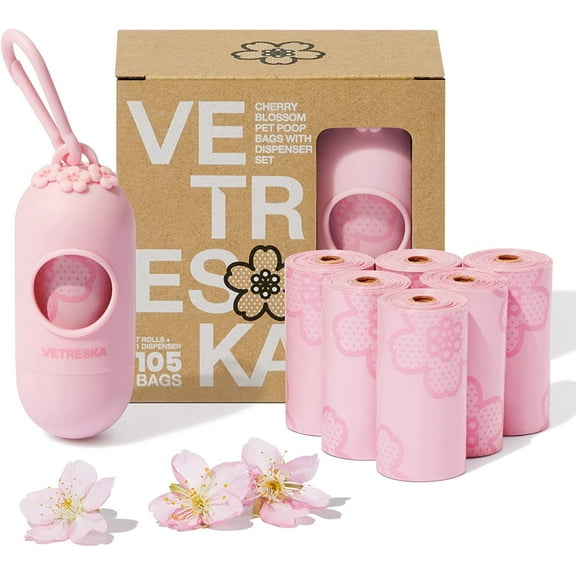 VETRESKA Dog Poop Bag Dispenser Holder with Cherry Blossom Scented Pink Pet Waste Bag with 105 Bags