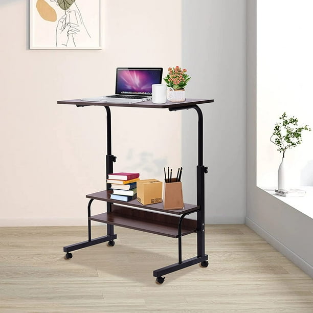2 Layers Laptop Desk Hospital Table Rolling Cart Height Adjustable Over