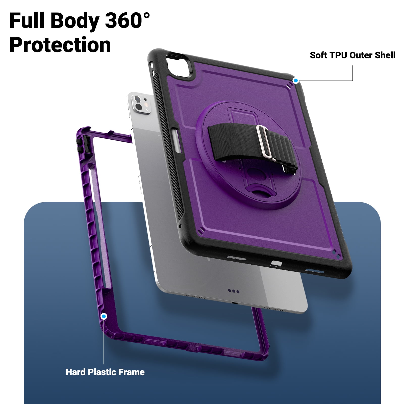 ELEHOLD Case for Apple iPad Pro 13 2024,Soft TPU Rugged Durable Case with 360° Rotating Hand Strap & Foldable Hidden Stand & Pencil Holder,Purple
