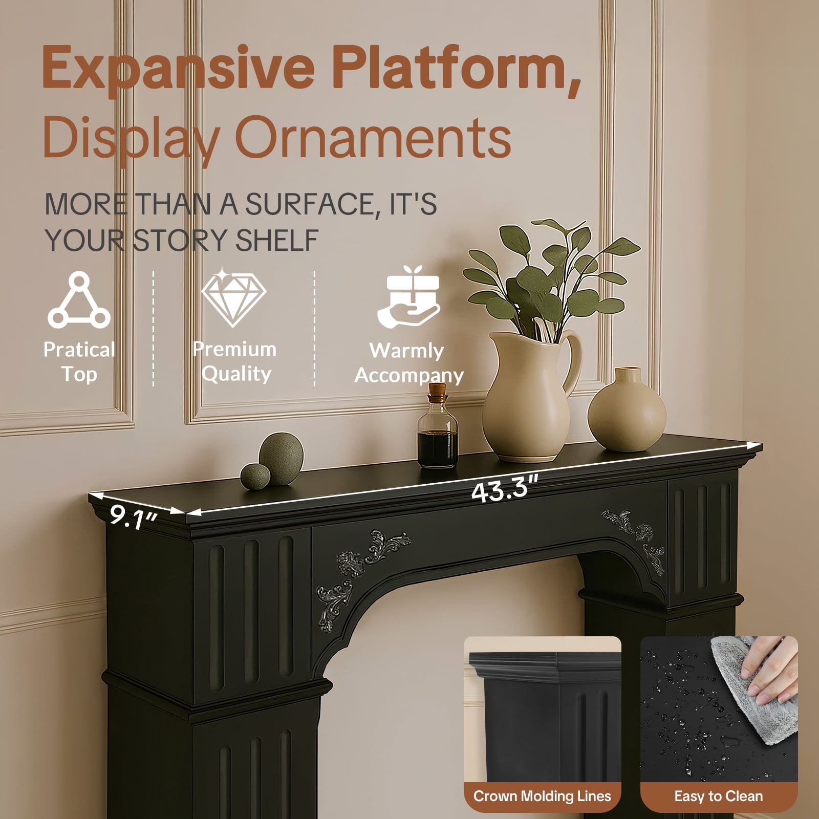 OUINCH 43.3" Fireplace Mantel, Freestanding Fireplace Surround with Leg for Electric Fireplaces, MDF Mantel Surround with Shelf for Living Room with Decorative Pattern, Anti-Tipping & Waterproof