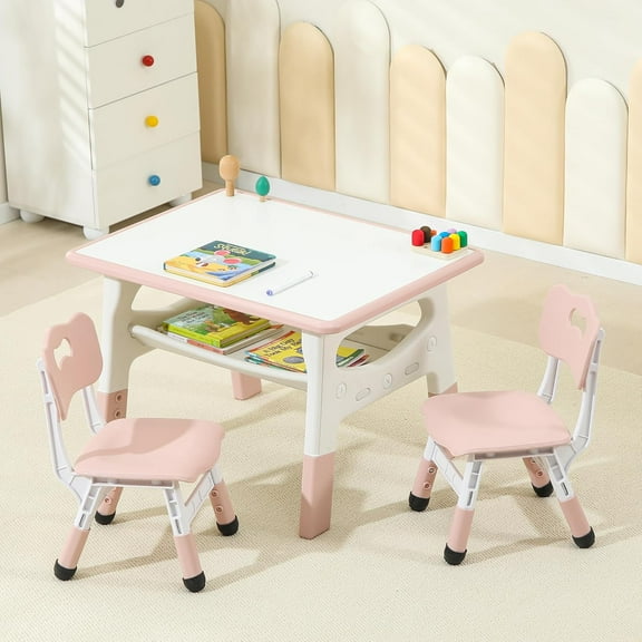 Toddler Table and 2 Chairs, Height Adjustable Kids Table and Chair Set, Kids Multi-Activity Table with Graffiti Desktop, Built-in Storage, Kids Table for Ages 3-8