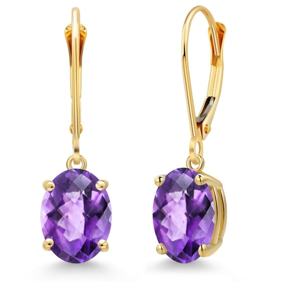 Gem Stone King 14K Yellow Gold Purple Amethyst Earrings for Women | 3.00 Cttw | Gemstone February Birthstone | Oval Checkerboard 9X7MM