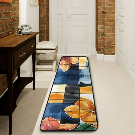 Ryvnso Flower on Checkered Grid Pattern Hallway Runner Rugs Floor Carpet Non Slip Entryway Mat 2' x 6'
