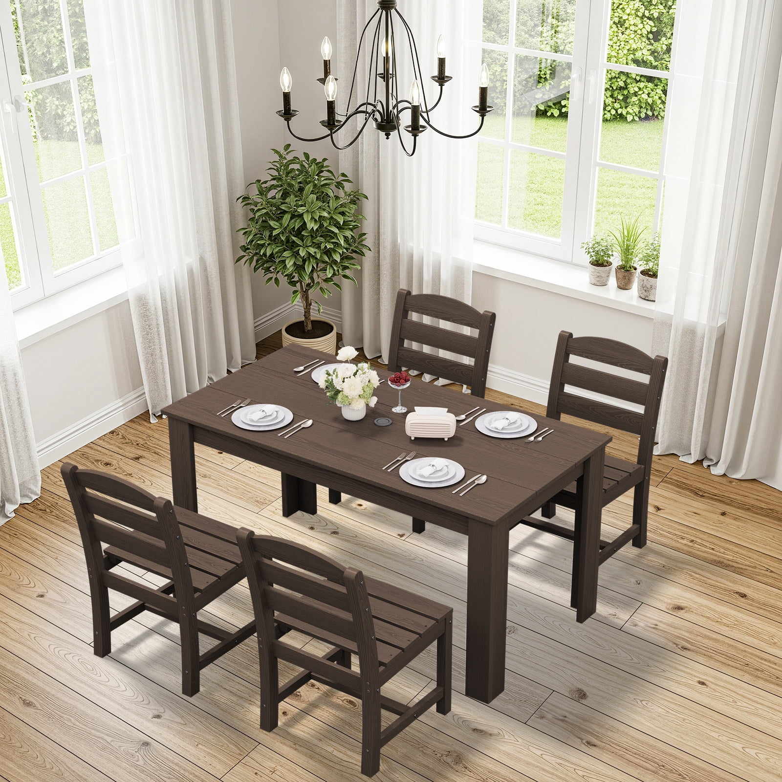 SERWALL Outdoor Dining Set for 10, 2 Outdoor Dining Tables with Umbrella Hole and 8 Armless Dining Chairs, All Weather Patio Dining Set, All Weather Patio Dining Set, Coffee