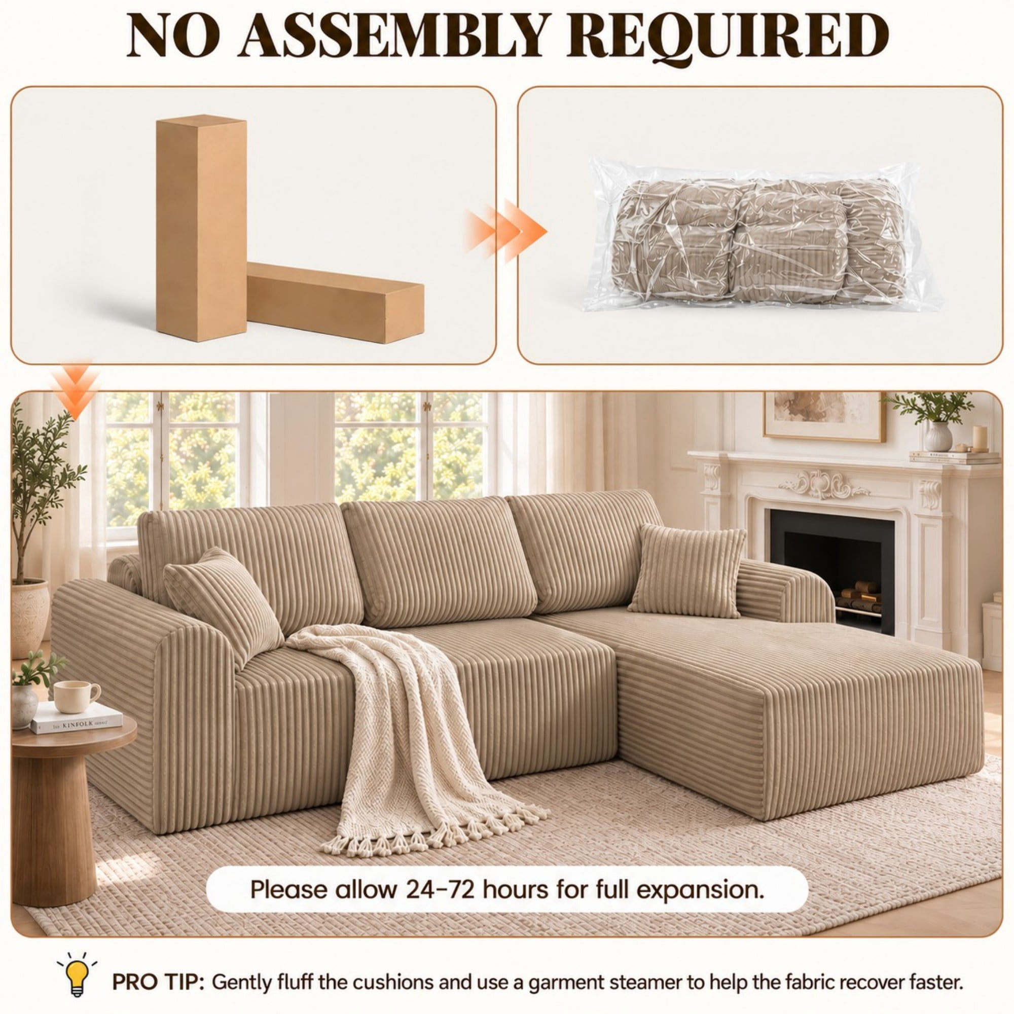 DEALTOPS 109" Corduroy L-Shape Floor Cloud Couch, Deep Seat Modular Sectional Sofa, Right Chaise, Dark Beige