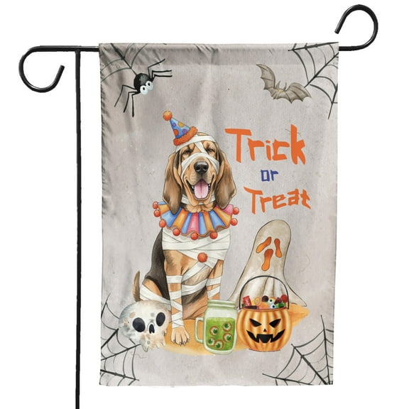Trick or Treat Bloodhound Funny Mummy Cosplay Pumpkin Candy Basket Garden Flag 12x18in Double Sided Dog Lover Outdoor Decor - 12016