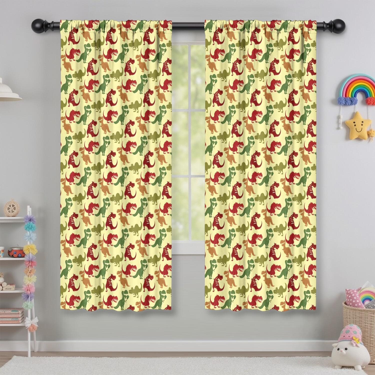 Blackout Kids Curtains,Yellow Cartoon Dinosaurs Pattern Childrens Insulated Curtains Set Of 2,Bedroom Essentials,Toddler Room Decor 42"x63"