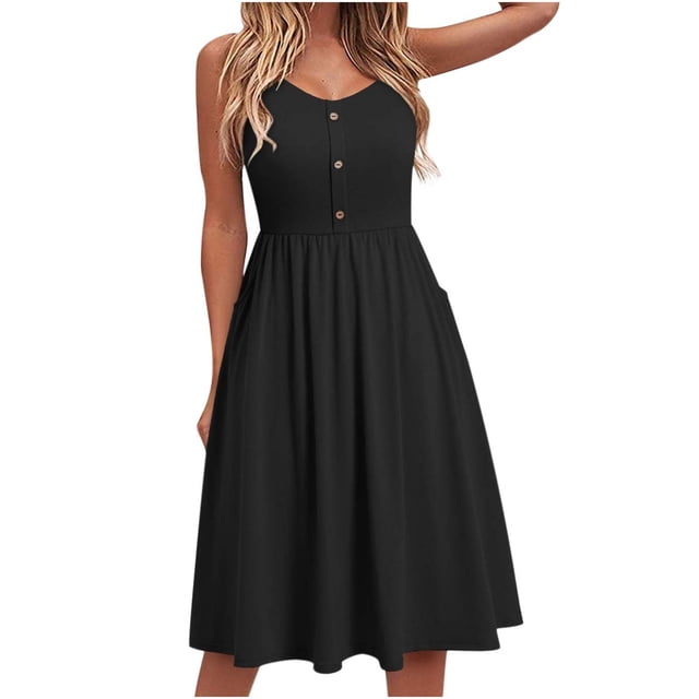 TopLLC Robe d'Été pour Femme Décontractée Midi, Robe Soleil à Bretelles Spaghetti avec Boutons et Poches, Robes Grande Taille pour Femmes