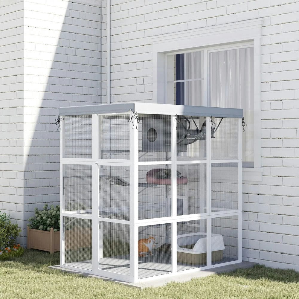 Topcobe Large Outdoor Catio Cat Enclosure with Hammock, Condo, Jump Platforms, Ladders, Ramps, Tarp, for 2-4 Large Cats, Outside Pet Shelter, Small Animal Habitat, Gray