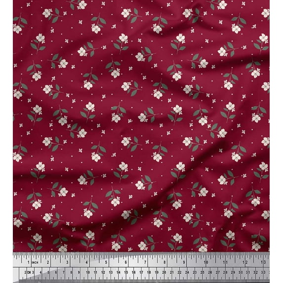 Soimoi Red Japan Crepe Satin Fabric Dot & Floral Printed Fabric 1 Yard 42 Inch Wide