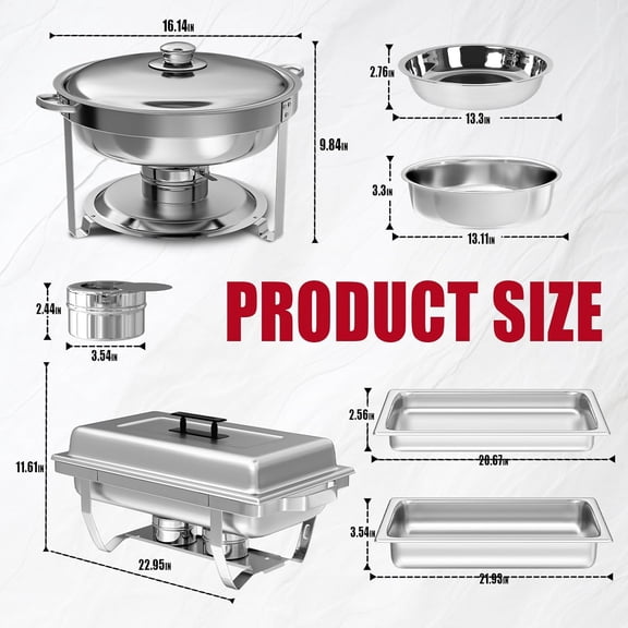 Chafing Dish Buffet Set 2 Pack, 8 QT Rectangle & 5QT Round Stainless Steel Chafer for Catering, Chafers and Buffet Warmer Sets w/Food & Water Pan, Lid,  Holder for Event Party Holiday
