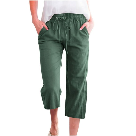 biudgviw Capri Pants for Women Plus Size Elastic High Waisted Straight Leg Cropped Cotton Linen Pants Summer Casual Trousers with Pockets