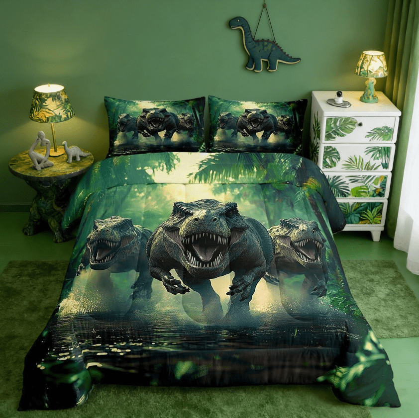 Manfei Cartoon Ancient Dinosaur Full Size Comforter Sets,3D Dino Print Jungle Dino Bedding Sets Wild Animal Bedroom Decor Reversible 3pcs