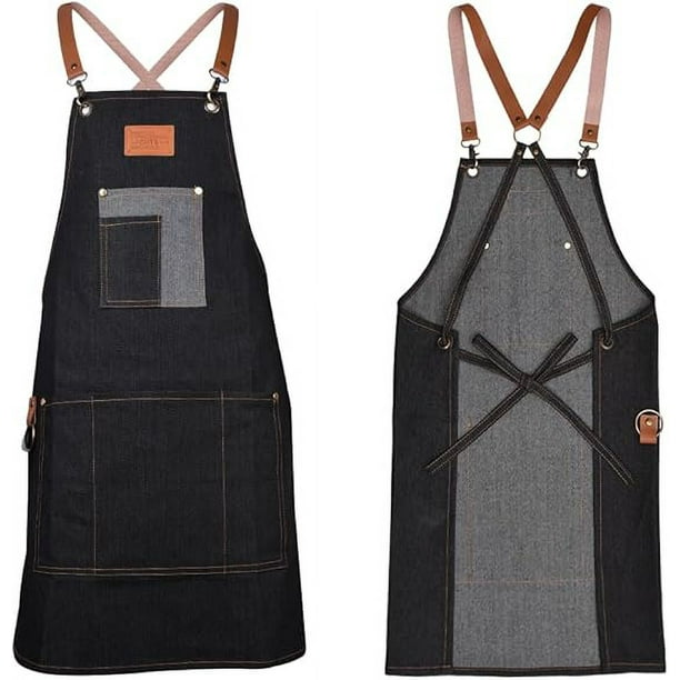 Delantal de trabajo, delantales de lona vaquera negra para hombres, delantal cruzado en la espalda con bolsillos, delantal impermeable, duradero y ajustable, delantal de taller