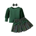 thumbnail image 2 of SYMOID Kids Girl Christmas Outfit Set - 3-Piece Green Knit Cotton Top, Plaid Pleated Skirt & Bow Headband, Soft Breathable for 6-24 Months Kids Holiday/Fall Winter Wear,Size 18 Months, 2 of 8