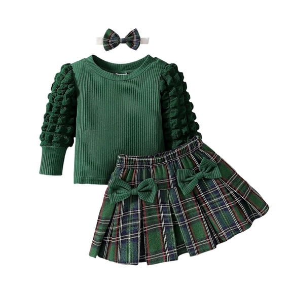 IVEYRTF Toddler Little Girls Plaid Velvet Skirt Set Long Sleeve Bow Collar Elastic Waist Fall Winter Christmas Party Outfit with Headband(Green,6 Months)