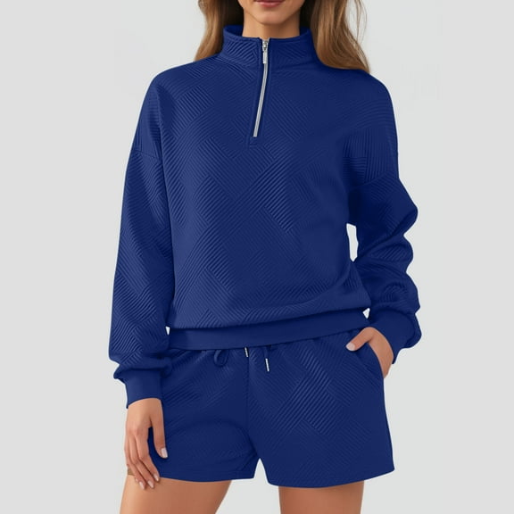 qolati 2 Piece Sets for Women Geometric Texture Going Out Half Zip Up Lapel Neck Sweatshirts Baggy Shorts Pajamas Set Fall Winter Lounge Outfits