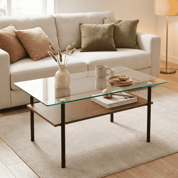 Modern Glass Coffee Table, 38.6" Rectangular Tempered Glass Coffee Table with Wooden Shelf, Metal Legs, 2-Tier Center Table for Living Room, Mid-Century Style, Easy Assembly