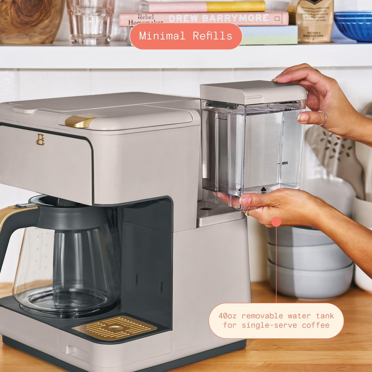 Beautiful Multi-Brew 12-Cup Programmable Drip & Single-Serve Coffee Maker, Porcini Taupe by Drew Barrymore