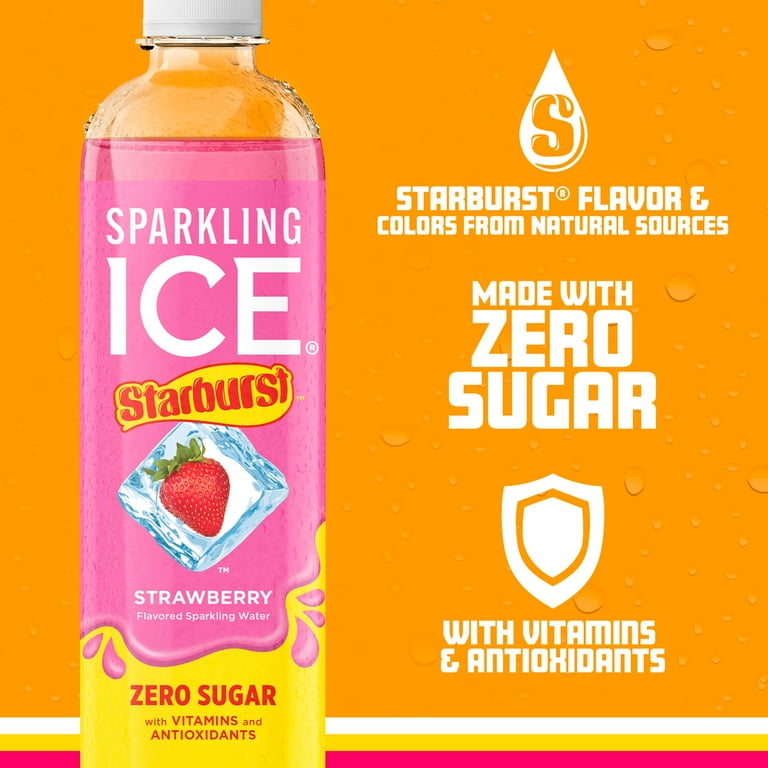 Sparkling Ice STARBURST Strawberry, Zero Sugar Flavored Sparkling Water, with Vitamins and Antioxidants, Low Calorie Beverage, 17 fl oz Bottles (Pack of 12)