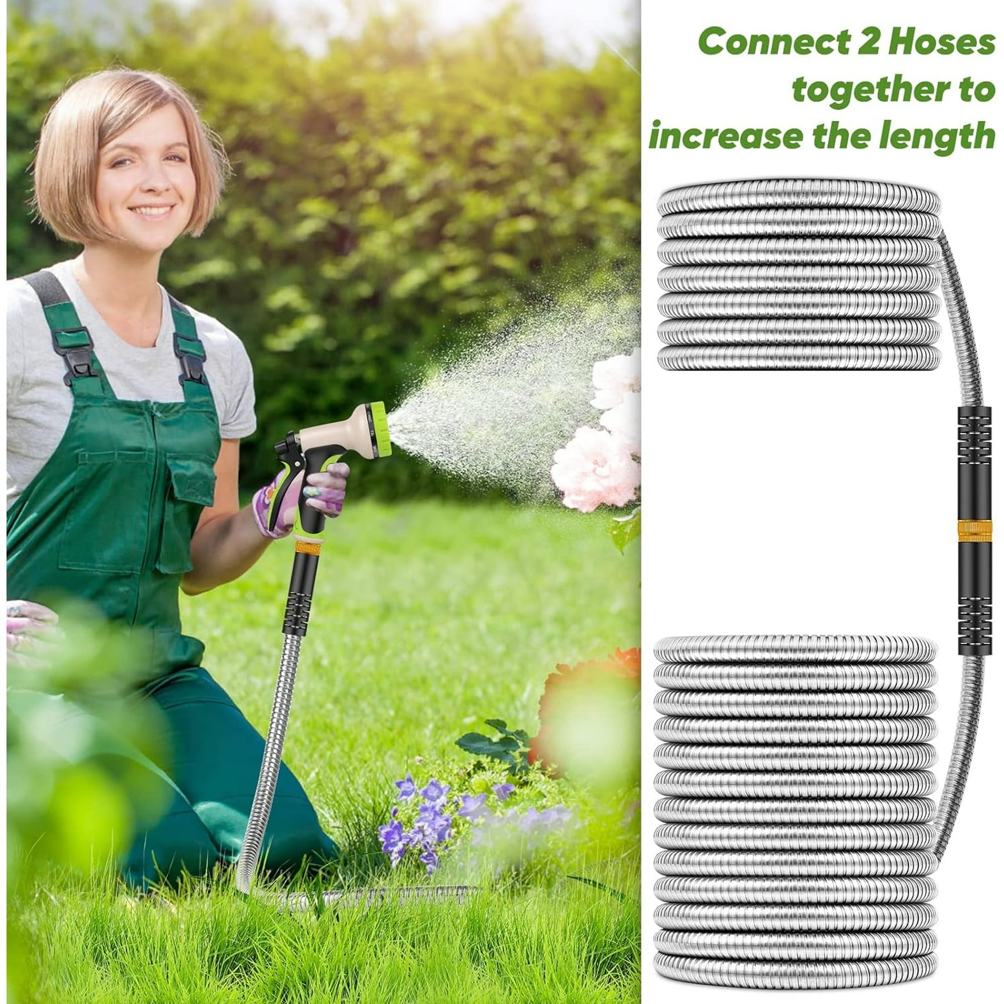 Teblint Metal Garden Hose 50ft, 304 Stainless Steel Garden Hose, Heavy Duty Water Hoses with 10 Function Hose Nozzle, Flexible, No Kink & Tangle, Leak & Puncture Proof, 150psi