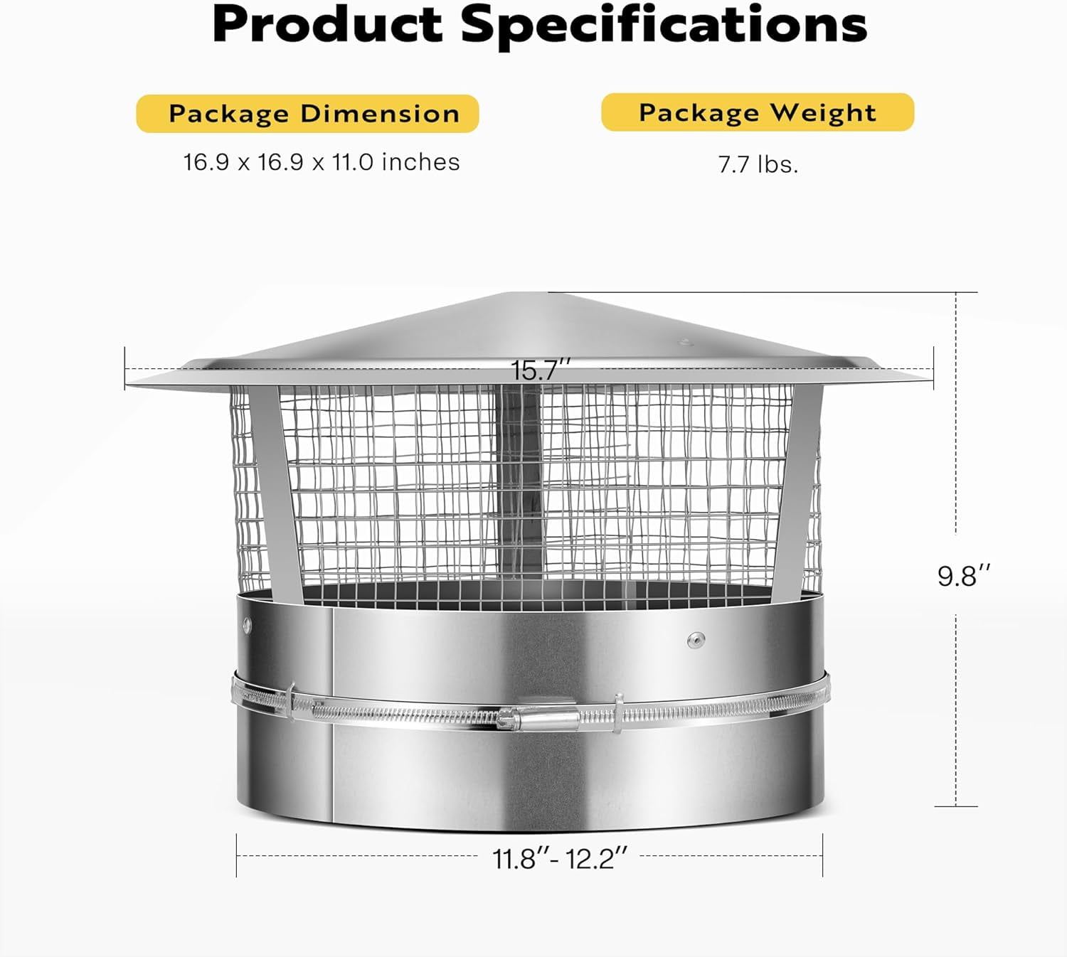 SPECSTAR 12" Cone Top Chimney Cap with Screen, Round Roof Rain Chimney Cover, Galvanized Steel Fireplace Exhaust Cap, Adjustable Roof Cap for Vent