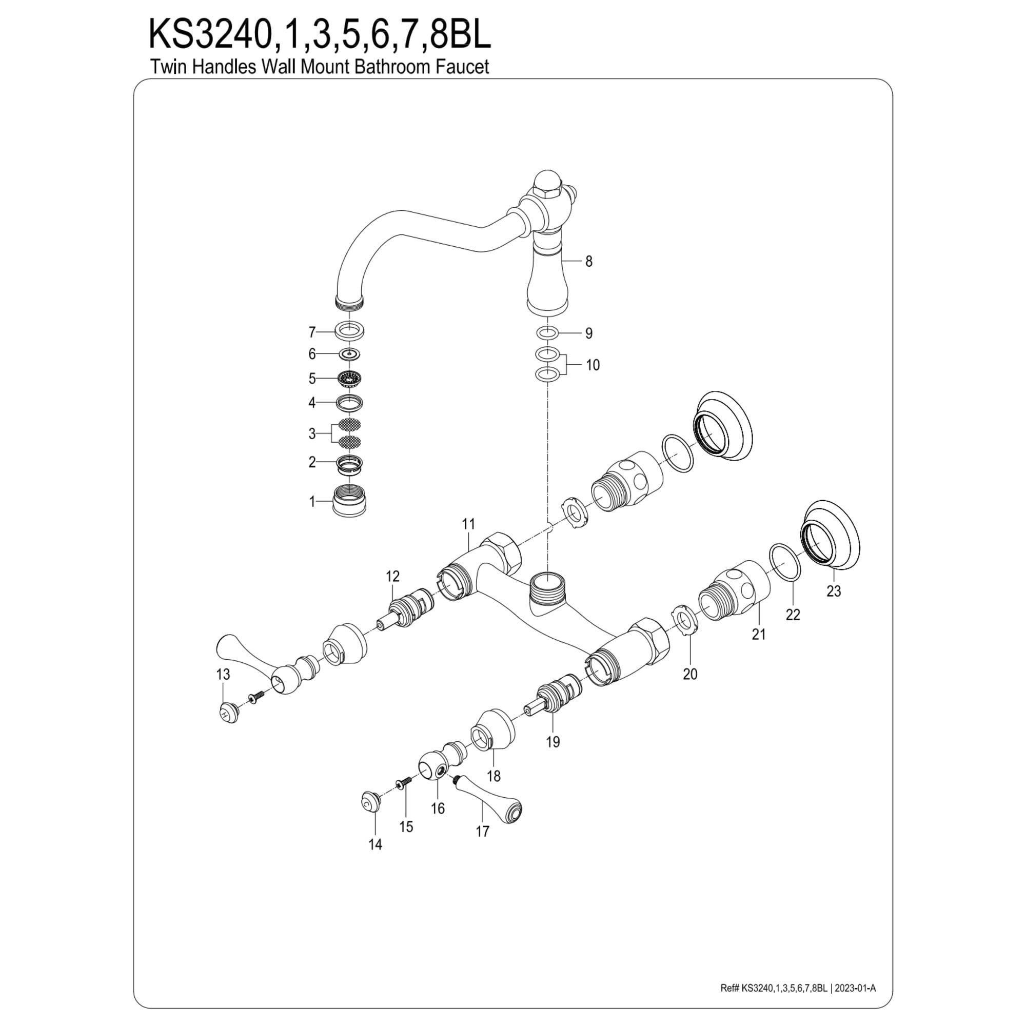 Kingston Brass KS3243BL Vintage Double-Handle Wall Mount Bathroom Faucet, Antique Brass