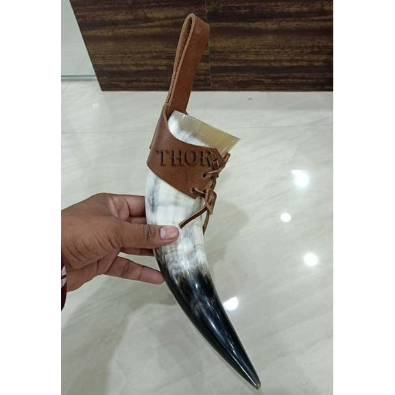 Wine/Mead Drinking Horn (10-12oz) Medieval Viking Cup w/Brown Leather Authentic Medieval Inspired Mug Rustic Vintage Home Decor Gifts