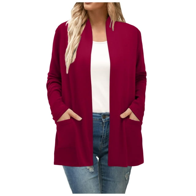 Long Sleeve Cardigan For Women Fall Open Front With Pockets Polyester Chiffon Casual Duster