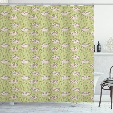 Cattle Shower Curtain, Composition of Bulls Cows and Flowers in Cartoon Style Cheerful Livestock Theme, Fabric Bathroom Set with Hooks, 69W X 70L Inches, Multicolor, by Ambesonne