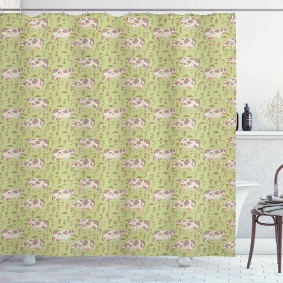 Cattle Shower Curtain, Composition of Bulls Cows and Flowers in Cartoon Style Cheerful Livestock Theme, Fabric Bathroom Set with Hooks, 69W X 70L Inches, Multicolor, by Ambesonne