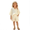 thumbnail image 3 of EliteGoogv Girls Two Piece Outfits Striped V Neck Short Sleeve Top And Shorts Sets For Girls Boho Style Elastic Waist Summer Beach Vacation Matching Set Beige Beige, 3 of 5