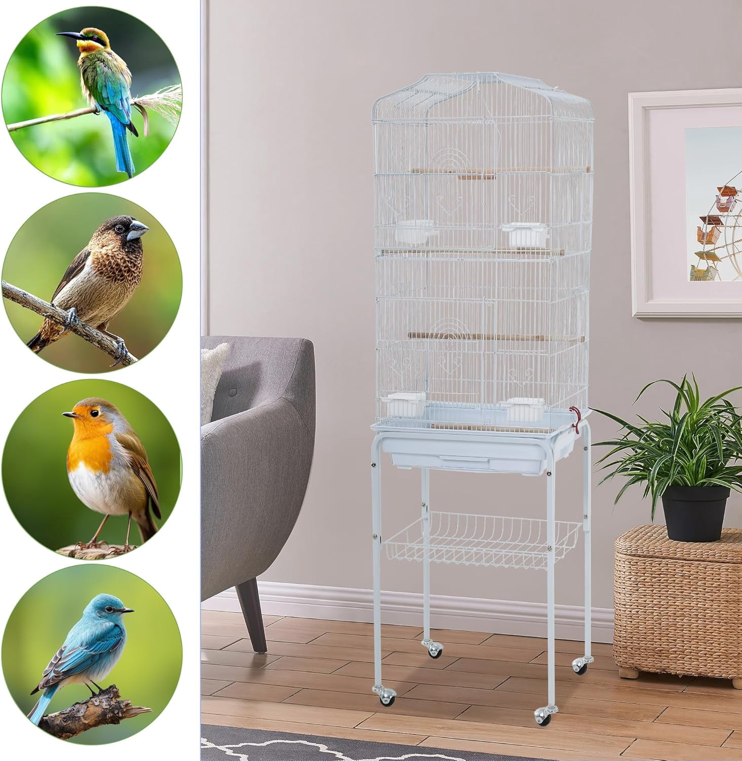 CL.HPAHKL Large Bird Cage, 64 inch Parakeet Cage with Open Play Top & Rolling Stand, Wrought Iron Birdcage for Parrot Cockatiel Cockatoo Lovebird, White