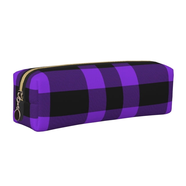 Easygdp Purple Buffalo Plaid para Estuche de Lápices de Cuero, Estuche de Papelería de Cuero, Estuche de Gran Capacidad con Cremallera